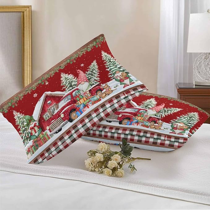Red Christmas Lumbar Pillow Covers 20x12 Inch Set of 2, Truck Elk Xmas Tree Snowflake Ball Winter Gnomes Waterproof Outdoor Cushion Covers, Decorative Pillowcases for Couch, Sofa, Bed, Garden, Patio