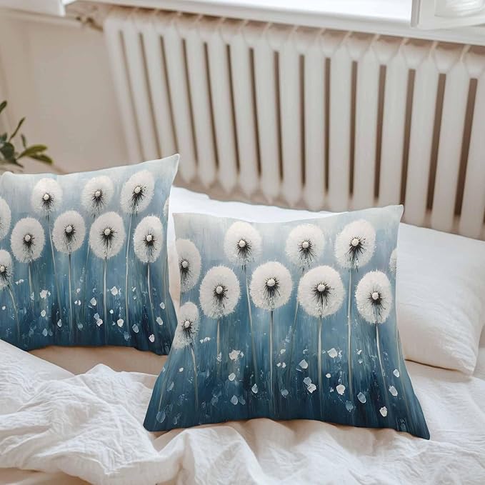 Spring Floral Waterproof Outdoor Pillow Covers Set of 2 Home Decor, Whit Blue Oil Painting Pastoral Pillowcase Patio Pillow Covers for Couch Bench Furniture Garden 16x16in