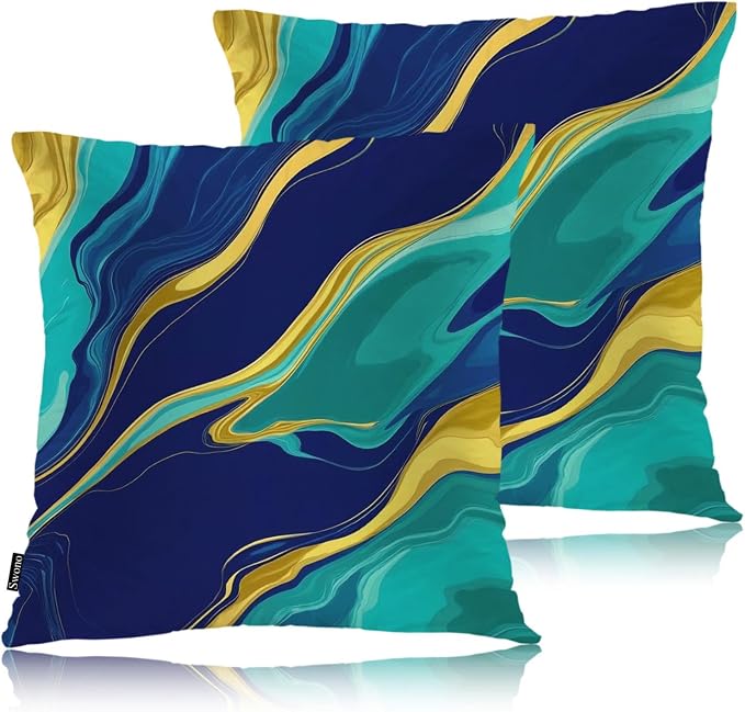 Swono Home Decorative Throw Pillow Covers Marble Pattern, Abstract Swirl Marble Stone Set of 2 Pillow Case Cushion Cover for Sofa Couch Bed Farmhouse Pillows Covers Decor 18x18 Inch, Blue Gold