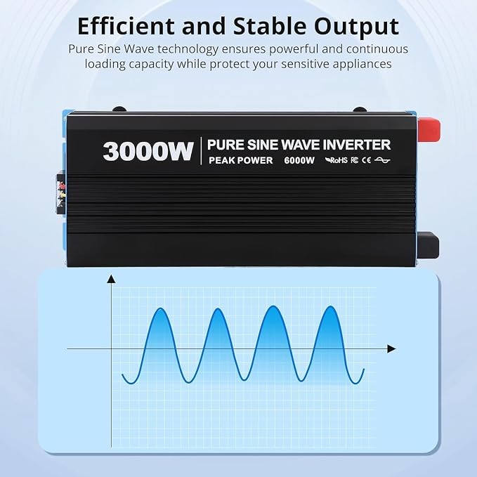 Power Inverter 3000 Watt Pure Sine Wave 12V DC to 110V/120V AC 6000W Peak Converter for Family RV Off Grid Solar System with 3 AC Outlets LCD Display Remote Control and 2.1A USB Charging Port