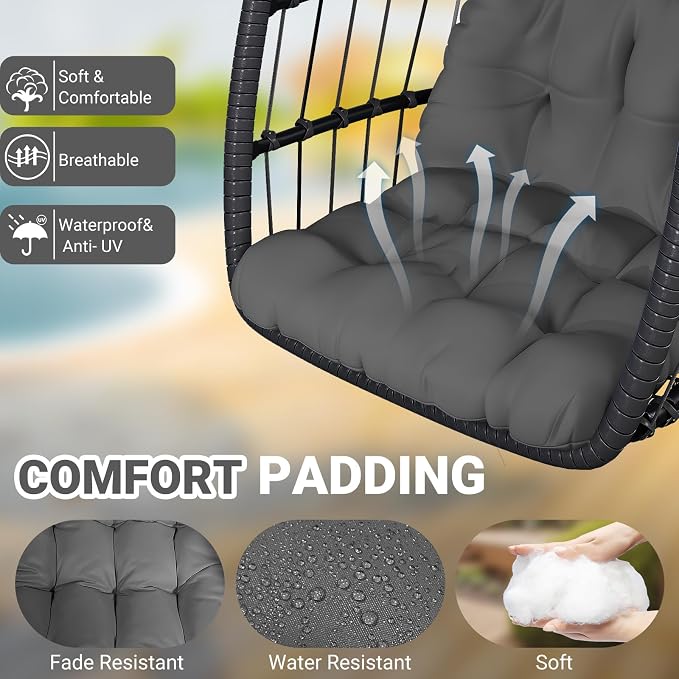 CHABATREE Egg Chair with Stand,Patio Rattan Wicker Hanging Swing Egg Chair Hammock Chair for Bedroom Porch Garden,Thickened Aluminum Alloy Steel Frame and UV Resistant Cushion,350LBS Capacity(Grey)