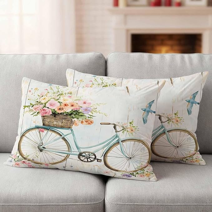 Teamery Outdoor Waterproof Pillow Covers Pastoral Blossom Blue Bike Throw Cushion Case, Vintage Wooden Plank Pillowcase for Bed,Sofa,Couch, Patio Furniture,20x12in, 2Pack Decorative Pillows Protector