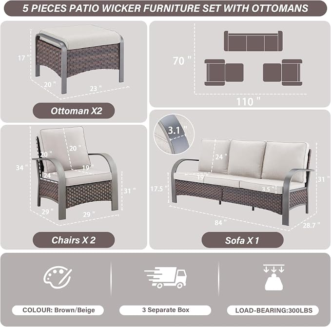 Belord 5 Piece Outdoor Wicker Furniture Set, High Back Deep Seating Patio Sofa Set with Metal Armrests Rattan Chairs, and Ottomans for Porch Deck Sunroom Backyard