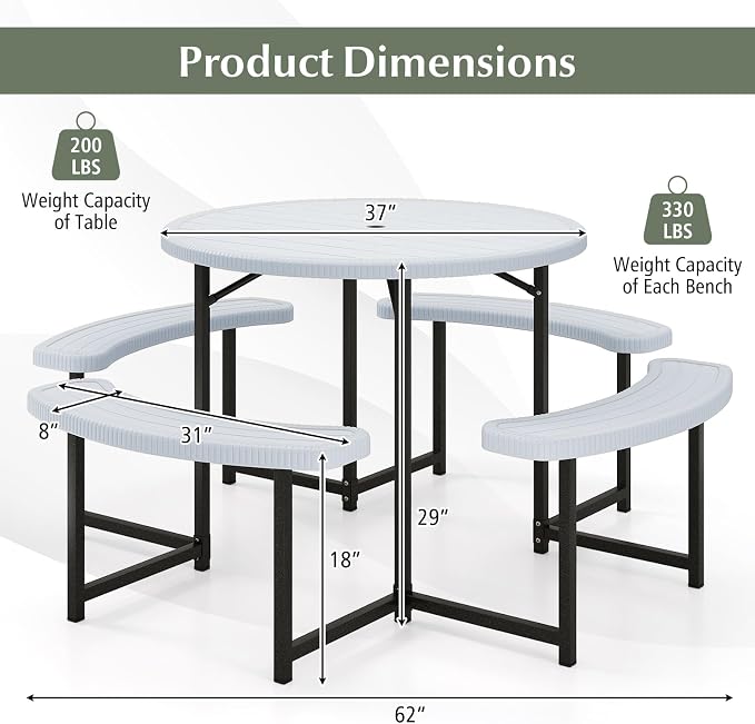Byroce 6-8 Person Picnic Table for Outdoors, HDPE Picnic Table Set with 4 Benches, Umbrella Hole & Metal Frame, Heavy Duty Round Dining Table Chairs for BBQ Party in Patio, Yard & Poolside (White)