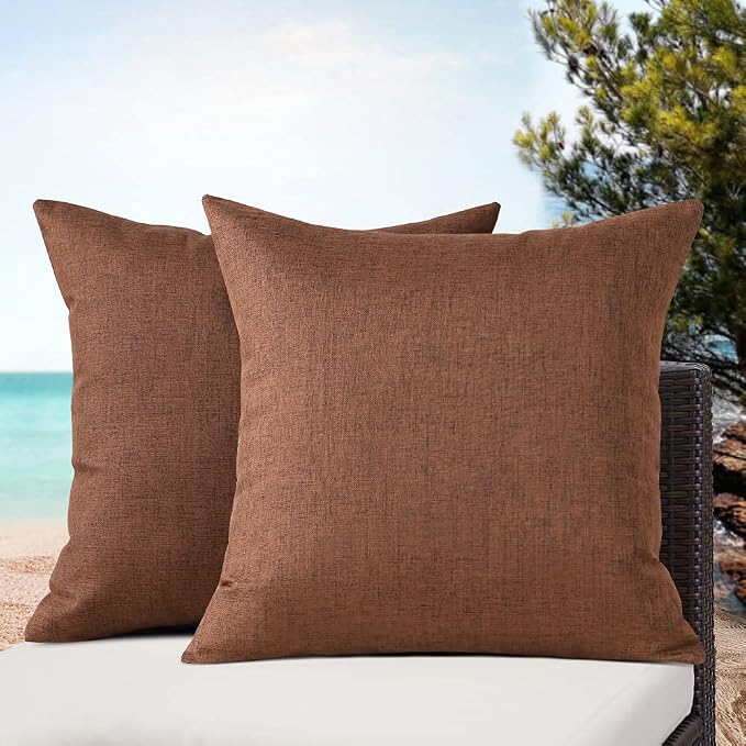 OTOSTAR Set of 2 Waterproof Outdoor Throw Pillow Covers 18x18 Inch Garden Patio Decorative Pillow Cases Square Outdoor Pillows Pillow Covers Cushion Case for Couch Tent Sofa Chairs Home Decor (Brown)