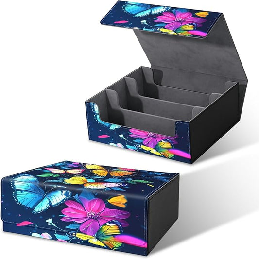 Large Card Deck Box for MTG, Fits 1200+ Sleeved Cards, PU Leather Storage Case with Strong Magnetic Closure, Multiple Colors for TCG CCG Baseball Card Collections, Colorful Butterfly
