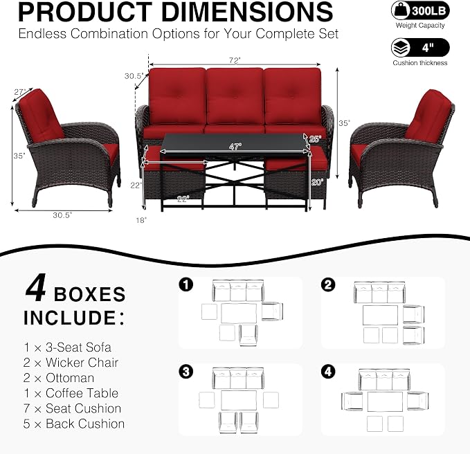 Joyside Wicker Patio Furniture Set, 6 Piece Outdoor Furniture Set with Thickened Cushions, High Back, Deep Seating, Wide Armrest, Rattan Outdoor Chairs for Porch, Deck