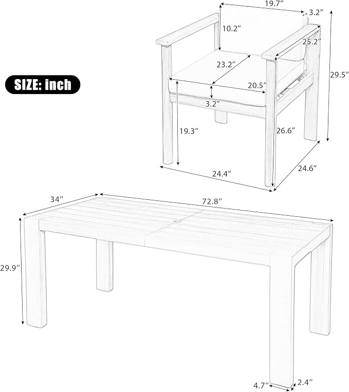 Outdoor 7-Piece Patio Dining Table Set, All-Weather Acacia Wood 72.8" Rectangle Table and 6 Chairs Set with Umbrella Hole and Removable Cushions for Backyard Garden Poolside (Light Teak 72.8'')