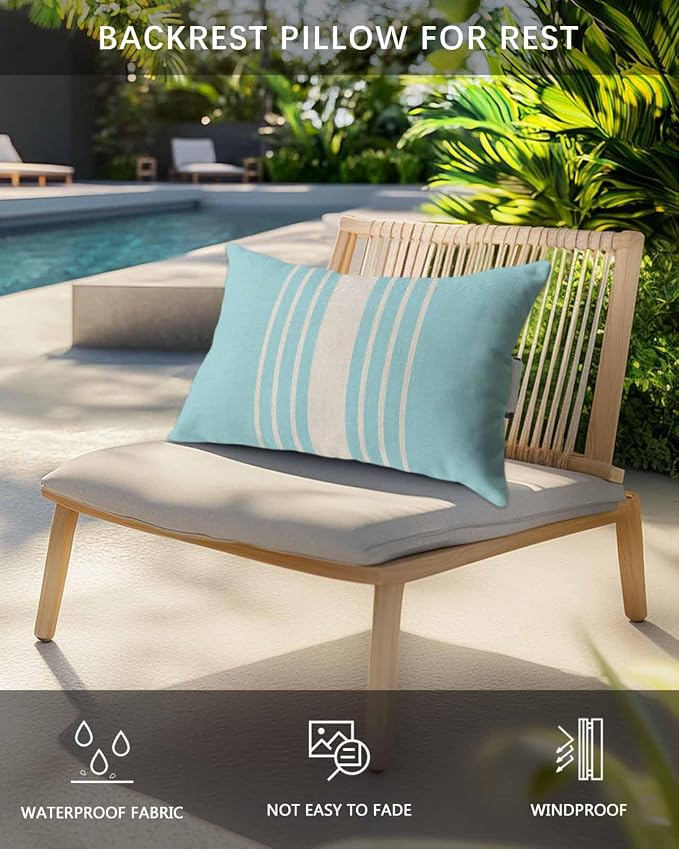 Pack of 2 Outdoor Lumbar Pillow Covers 11x16 Inch, Aqua Beige Striped Waterproof Throw Pillow Covers Set, Modern Farmhouse Retro Lines Indoor&Outdoor Decorative Cushion Cases for Patio Porch Beach