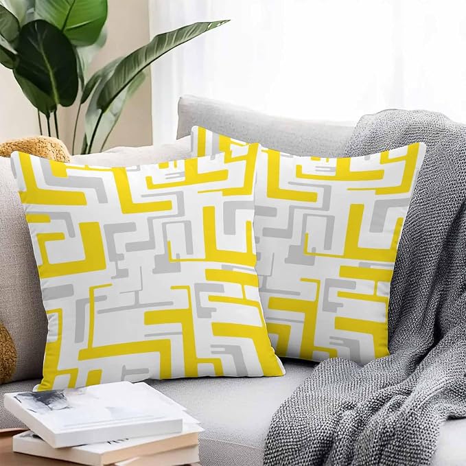 Geometric Outdoor Pillow Shams Set of 2, Decorative Pillowcases Cushion Case, Soft Throw Pillow Covers Waterproof Pillow Case 26x26 Inch, Abstract Lines Yellow Gray Modern Art