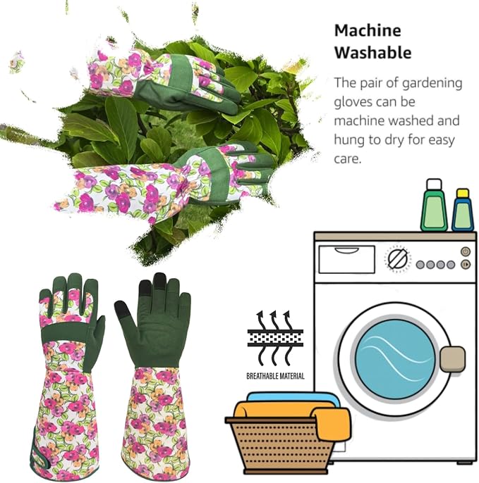 Thornproof Rose&Cactus Gardening Gloves,Gauntlet Garden Glove,Gifts | Canvas,Cute Floral Pattern,Leather Palm,Touchscreen,Durable Material,Garden Gift,Men&Women,Machine Washable,Adjustable Cuff
