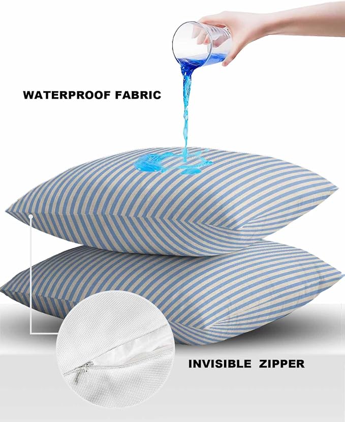 Outdoor Waterproof Throw Pillow Covers Set of 2 Blue Stripes Pillowcases 16x16 Inches Linen Classic Vertical Striped Patio Decorative Pillows Cushion Case Patio Pillows for Couch Bed Chair Garden