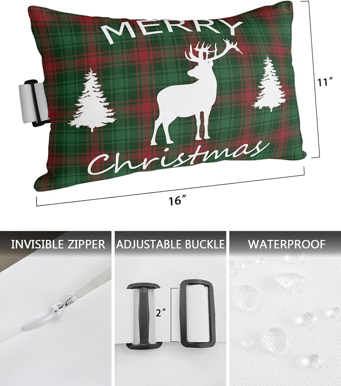 Outdoor Pillows Covers with Inserts Merry Christmas Elk and Tree Red Green Buffalo Plaid Waterproof Pillow with Adjustable Strap Throw Pillows for Patio Furniture Recliner Lounge Chair, 11"x16", 1PCS