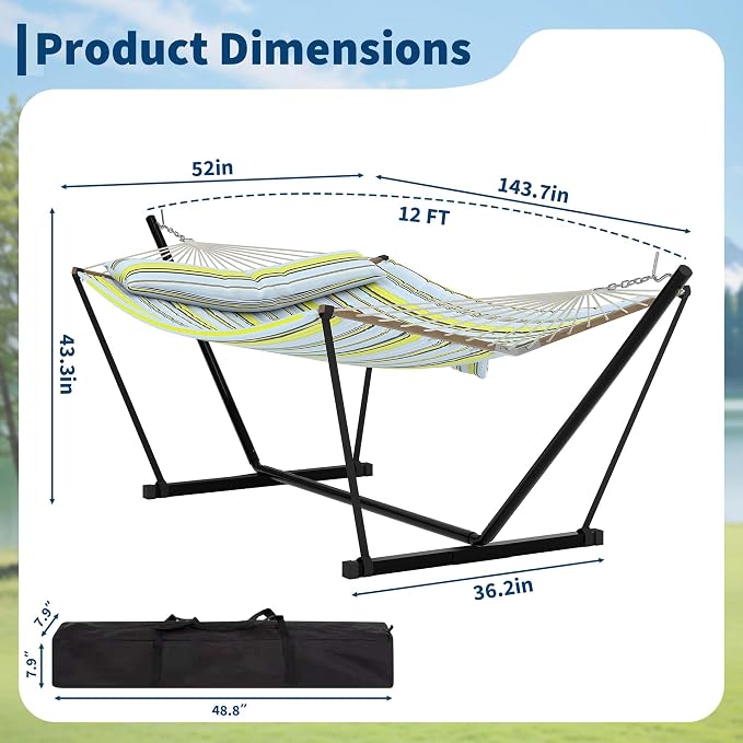 Double Hammock with Stand for Outdoor Use – 2-Person Portable Hammock with Curved Spreader Bar & Balance Ropes, Heavy Duty 450 LBS Capacity for Backyard, Patio & Camping, Green Blue Stripes