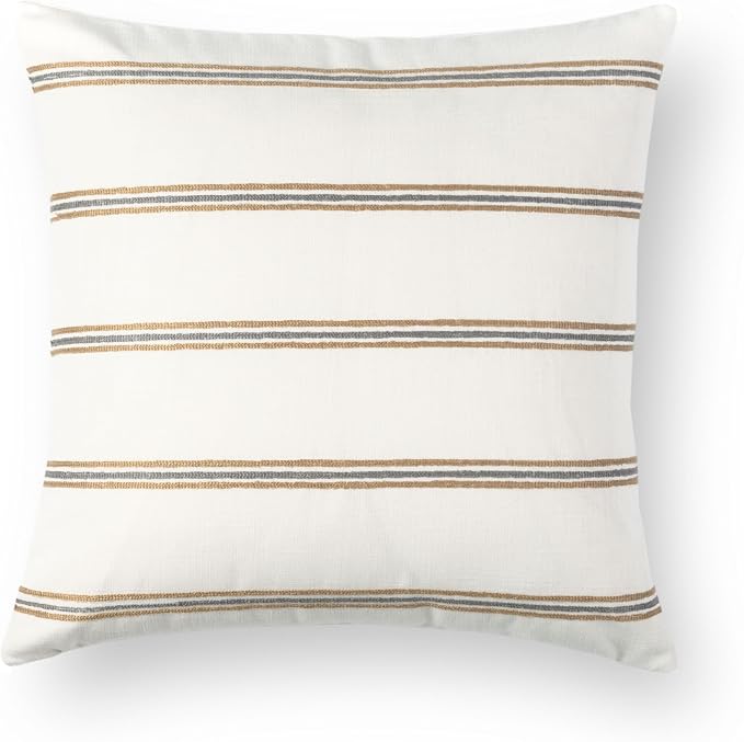 Modern Farmhouse Fall Linen Indoor Outdoor Throw Pillow Cover Only, 22"x22" Water Repellent for Patio, Backyard, Couch, Neutral Honey Mustard Embroidered Stripes