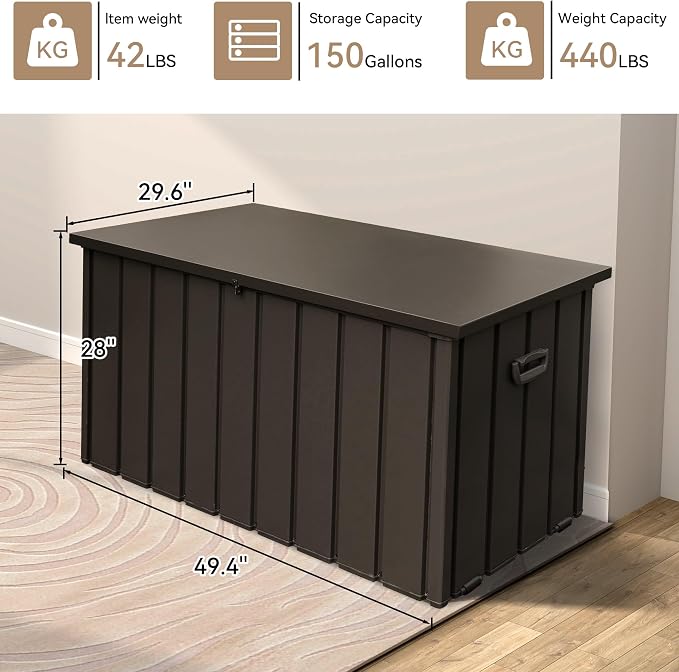 150 Gallon Large Outdoor Storage Box Metal, Waterproof Deck Box for Patio Cushion, Outside Storage Cabinet Rust/UV Resistant, Lockable Garden Tool Storage Bin for Porch Package Delivery, Brown