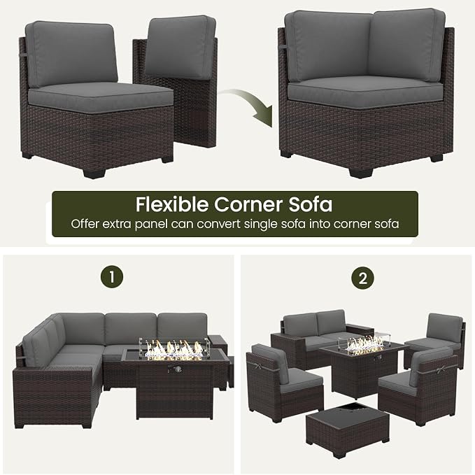 LayinSun 7 Pieces Outdoor Patio Furniture Set with 44" Fire Pit Table Brown Rattan Sectional Sofa Conversation Sets