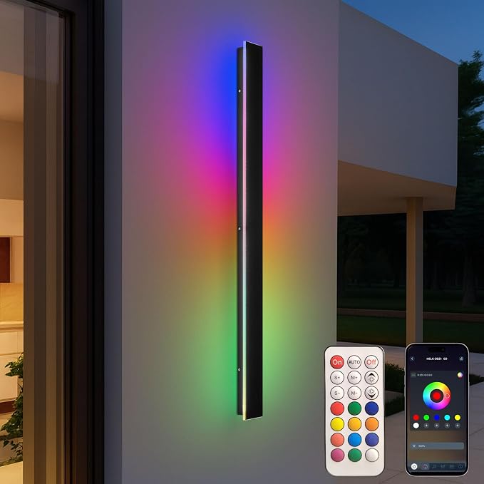 Modern Outdoor RGB Wall Lights, 71 Inch RGB Warm White Dimmable Exterior Wall Sconce, Ip65 Waterproof Black Linear Long Wall Light with Remote and APP Control for House, Garage, Front Door, Porch
