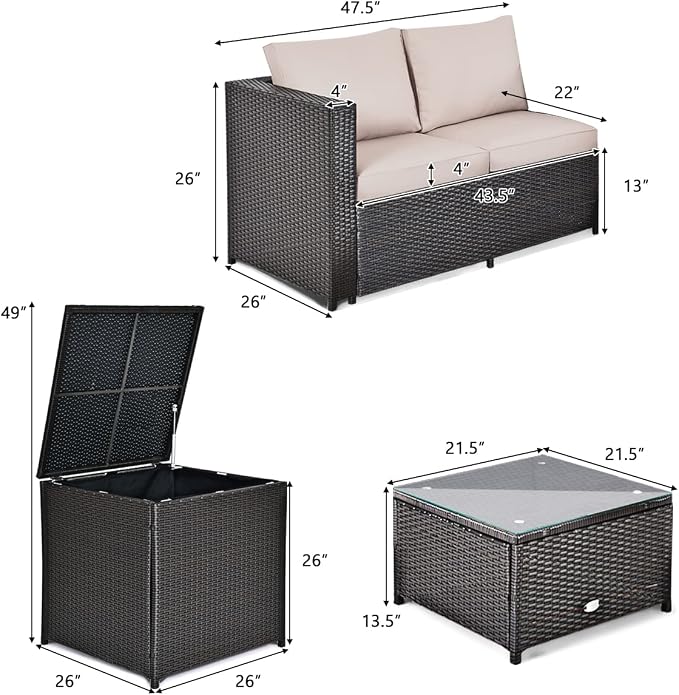 HAPPYGRILL 4PCS Patio Furniture Set Outdoor Rattan Wicker Sofa Set Conversation Set with Cushions & Storage Side Table Coffee Table for Garden Lawn Poolside Backyard