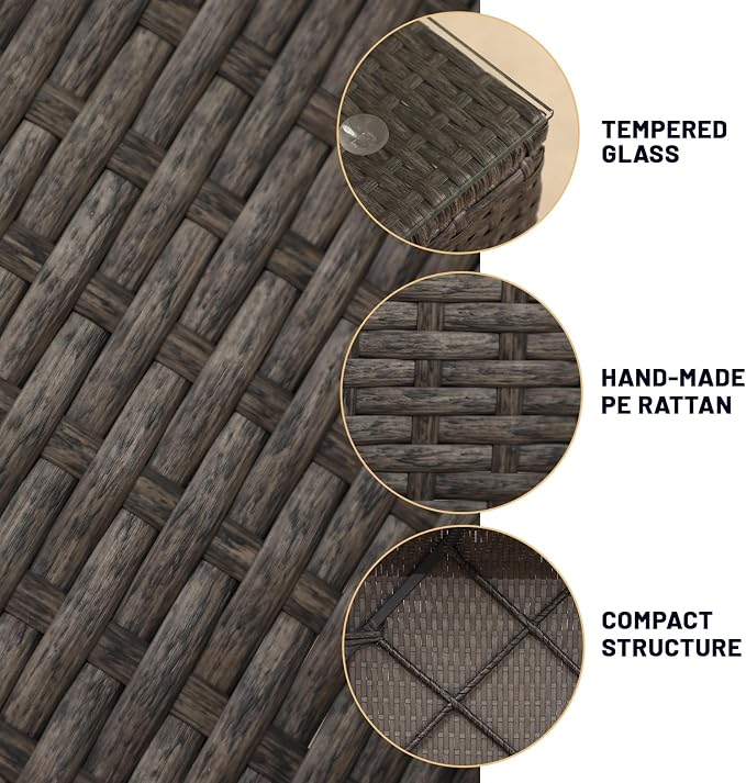 5 Piece Rattan Patio Furniture Set, Outdoor Patio Conversation Set | Soft Removable Cushion and Backrest, Tempered Coffee Table, Modern Chairs and Table Sets for Porch, Garden, Lawn, Grey/Beige
