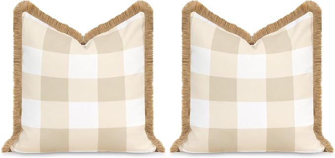 Hofdeco Premium Coastal Patio Indoor Outdoor Throw Pillow Cover Only, 20"x20" Water Repellent for Backyard, Couch, Neutral Tan Plaid with Fringe (Pack of 2)