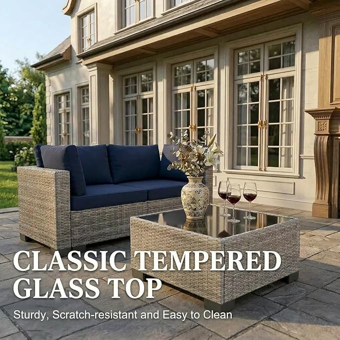 7 Pieces Outdoor Patio Furniture Set, All-Weather Sectional Sofa | Grey Wicker Conversation Set with Glass Table and Blue Cushions | PE Rattan Weaving | Ideal for Patio, Pool, Balcony