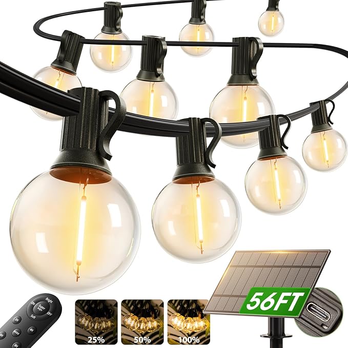 addlon 50FT Solar String Lights Outdoor Waterproof with Remote, Solar Patio | G40 Globe Solar Light with 27 LED Shatterproof Bulbs, 3 Modes, Dimmable Hanging for Outside Backyard Party