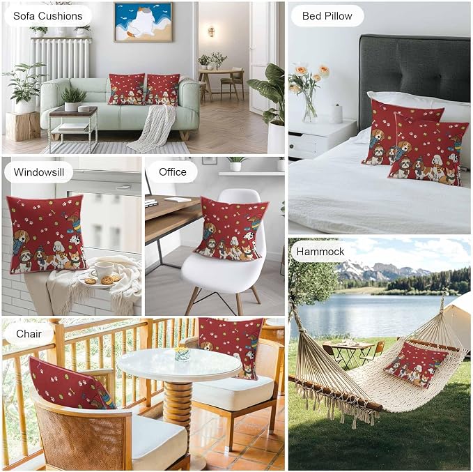 Cartoon Dogs Outdoor Pillow Covers 18x18 Inch Throw Pillow Covers Set of 2 Waterproof Decorative Pillow Cases Red Cute Animals Dogs Paws Prints Cushion Covers for Patio Furniture Garden Couch Sofa