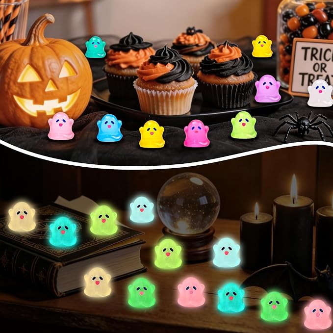 80 Pcs Halloween Luminous Mini Resin Ghost Figures Miniature Figurines | Tiny Little Plastic Ghost Statues Glow in the Dark, Halloween Vase Filler Micro Landscape Fairy Garden Party Decor
