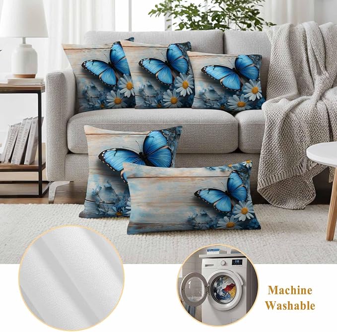 Spring Idyllic Outdoor Waterproof Throw Pillow Covers Set of 2, 20"x20", Daisy Blue Butterfly Wood Grain Decorative Pillow Covers Outside Cushion Case for Patio Porch Garden