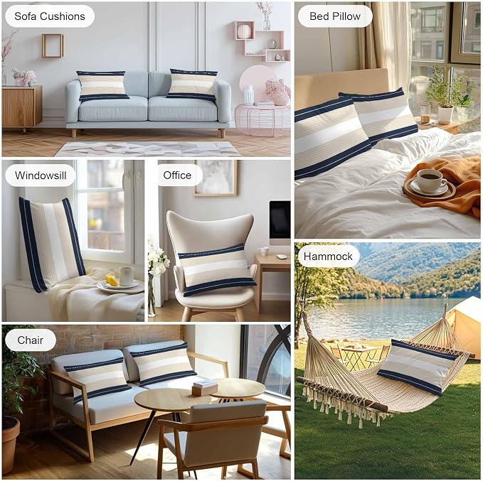 Navy Blue Beige Stripe Outdoor Pillow Covers Waterproof, All Weather Cushion Case Set of 2, Modern Art Horizontal Striped Lumbar Pillowcase for Sofa Couch Bed Decor Patio Furniture 20"x12"