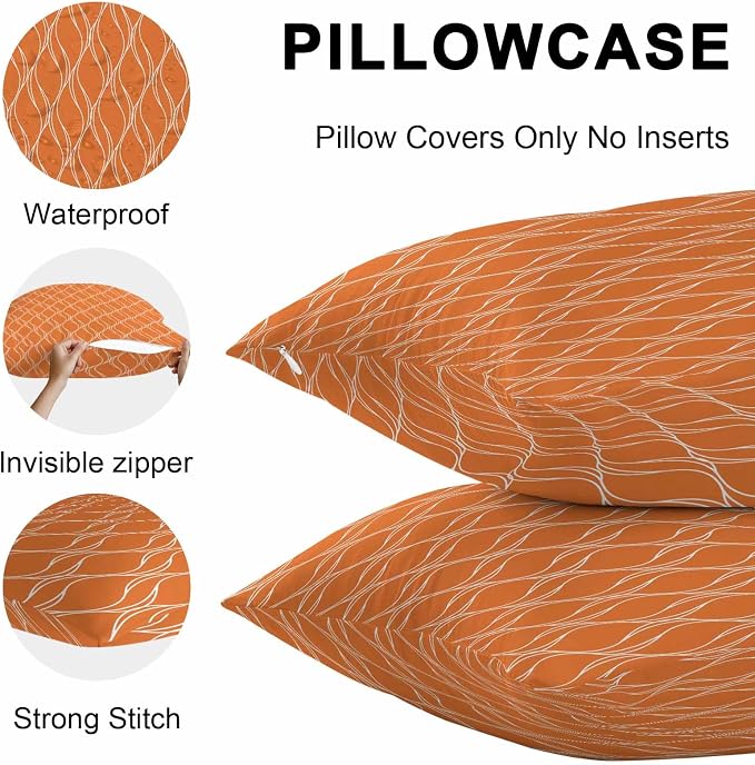 Orange Stripes Outdoor Pillow Covers 20x20 Inch Throw Pillow Covers Set of 2 Waterproof Decorative Pillow Cases Simple Geometric Modern Monochrome Cushion Covers for Patio Furniture Garden Couch Sofa