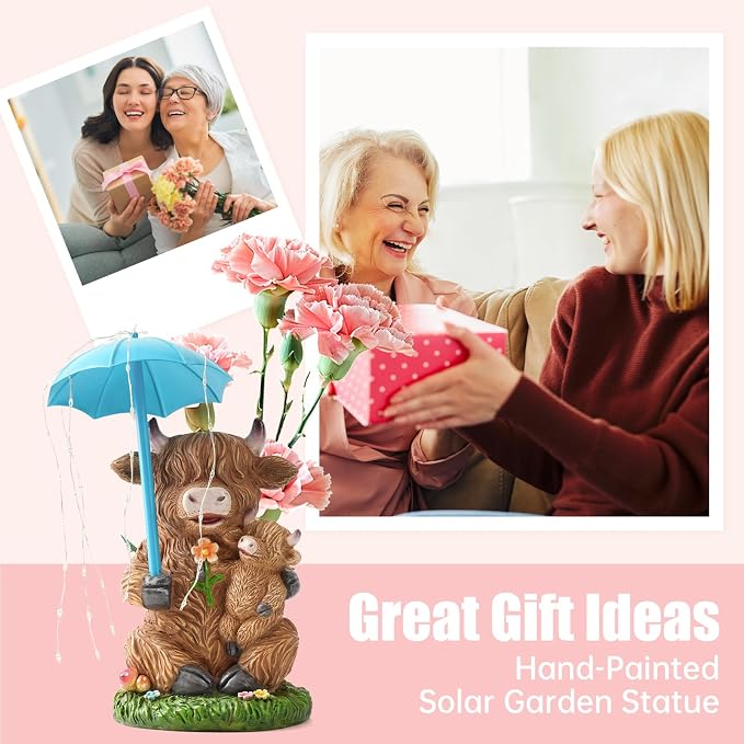 Joint Honglin Solar Highland Cow Garden Statue with Raindrop String Lights, Flashing Umbrella Fairy Lights Outdoor Resin Figurine, Yard Lawn Ornament, Unique Birthday for Mom Grandma