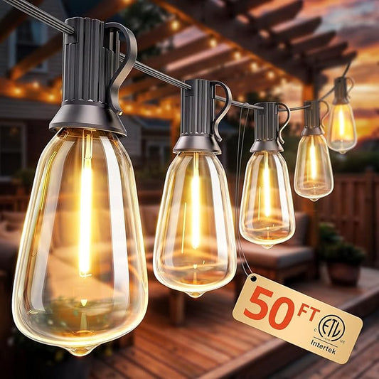 Outdoor String Lights 50FT, Patio Lights Outdoor Waterproof with 27 Bulbs | Shatterproof,Edison Outside Lights,Plug-In,2700K Dimmable, Connectable, Hanging Light for Porch Garden Backyard Deck Balcony