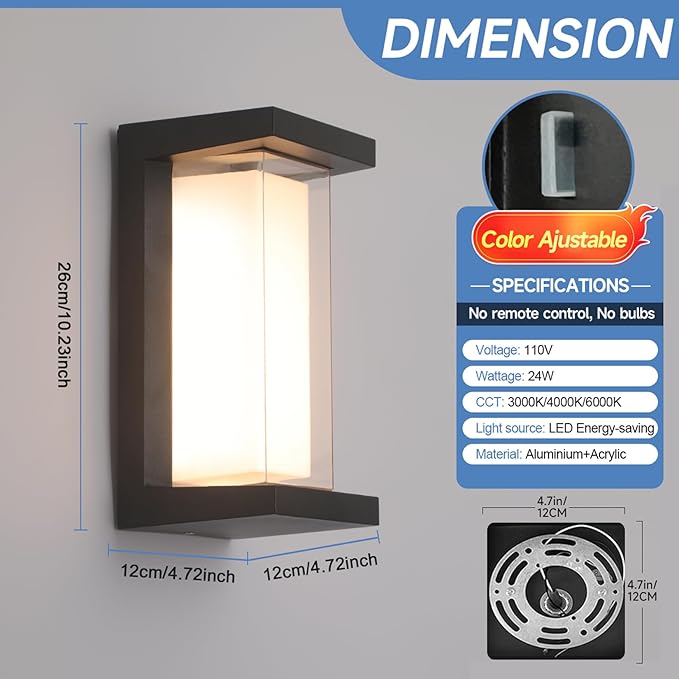 2 Pack 24W Outdoor Wall Lights Exterior/Interior LED 3-Color Adjustable 2100LM Sconces Lights IP65 Waterproof Modern Outdoor Patio Lighting Fixtures Aluminum Wall Lights Compatible with Dimmers