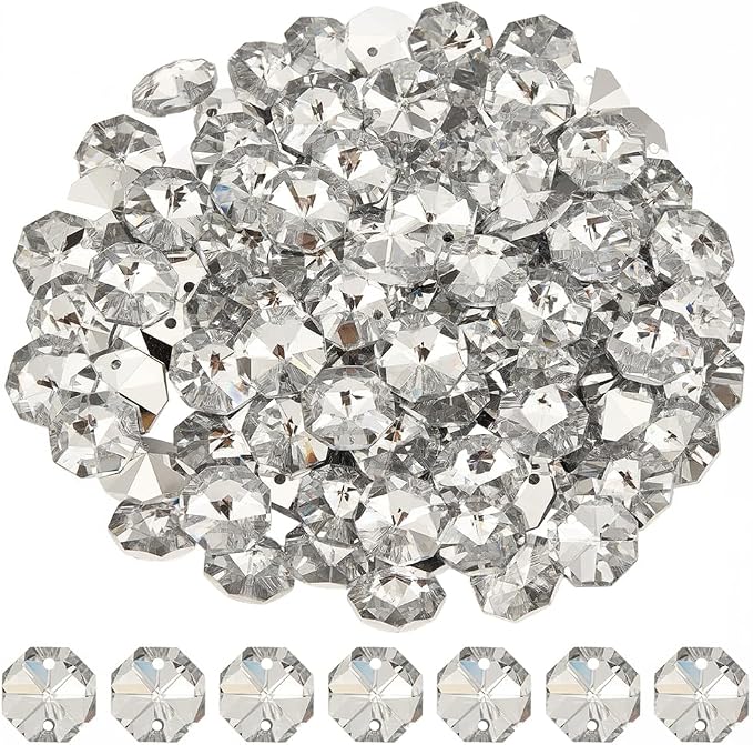 1 Box 120Pcs 14mm 2 Hole Octagon Beads Silver Crystal Glass Octagon Beads Chandelier Replacement Connector Suncatcher Faceted Spacer Prisms for DIY Lamps Hanging Ornament Pendant Jewelry