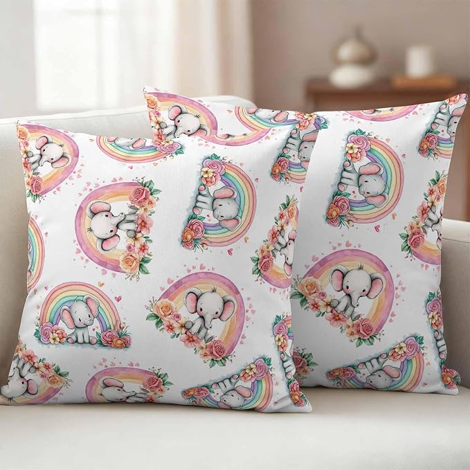 Yukro Rainbow Elephant Outdoor Waterproof Pillow Covers Pack of 2, Pink Red Flower Love Watercolor Animal Throw Pillowcases Decorative Cushion Covers for Garden Patio Tent Sofa Couch, 16x16 inch