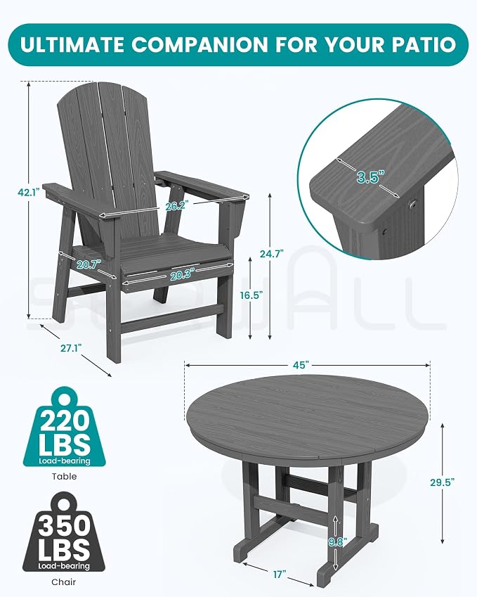 SERWALL 5-Piece Patio Dining Sets, HDPE Outdoor Table and Chairs Furniture Set, 45" Round Dining Table and 4 Adirondack Dining Chair, Grey