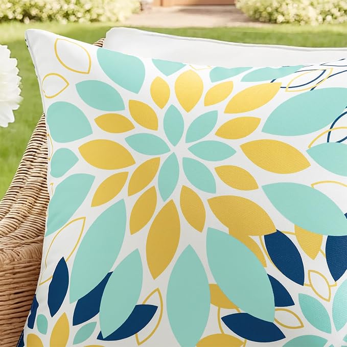 Floral Outdoor Pillow Covers Light Blue Yellow 18x18 Set of 2 | Waterproof Throw Pillow Cases Spring Decorative Summer Cushion Covers for Patio Furniture Garden Bench Porch Sofa