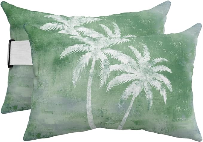 Palm Trees Tropical Outdoor Pillows for Chaise Lounge Chair Beach Headrest Pillow Set of 2 Waterproof Lumbar Pillows with Insert&Strap Shabby Green Summer Coastal Recliner Pool Pillow 11"x16"