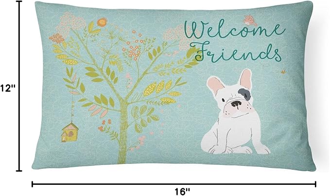Caroline's Treasures BB7634PW1216 Welcome Friends Piebald French Bulldog Canvas Fabric Decorative Pillow Machine Washable, Indoor Outdoor Decorative Pillow for Couch, Bed or Patio, 12HX16W