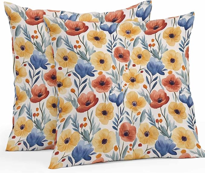 Spring Floral Outdoor Pillow Covers 20x20 Inch Throw Pillow Covers Set of 2 Waterproof Decorative Pillow Cases Red Yellow Blue Summer Botanical Cushion Covers for Patio Furniture Garden Couch Sofa