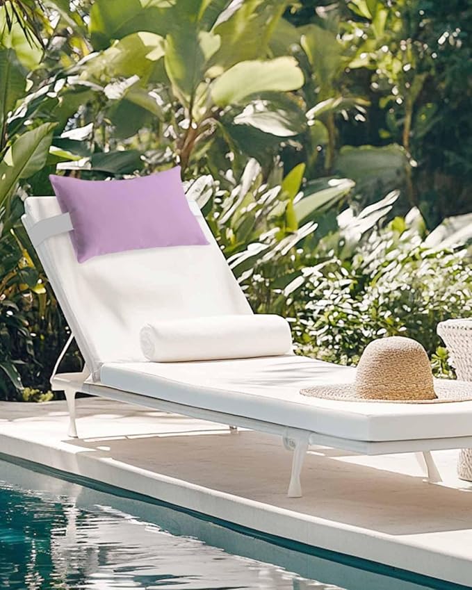 Chaise Lounge Chair Pillow with Strap & Insert Lavender Outdoor Recliner Head Pillow Pack of 2 Solid Purple Color Waterproof Headrest Patio Lumbar Pillow for Beach Pool Office Chair 12x20 Inch