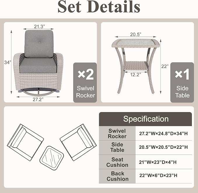 Patio Wicker Chairs Swivel Rocker, Outdoor Swivel Glider Rocker Chairs with Rattan Side Table, All Weather Conversation Set for Porch Poolside Balcony,Gray