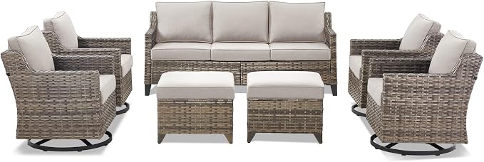 Outdoor Patio Furniture Set-7 Pieces All-Weather Wicker Outdoor Furniture with Swivel Patio Chairs Outdoor Patio Conversation Sets for Garden Porch Deck Grey/Beige