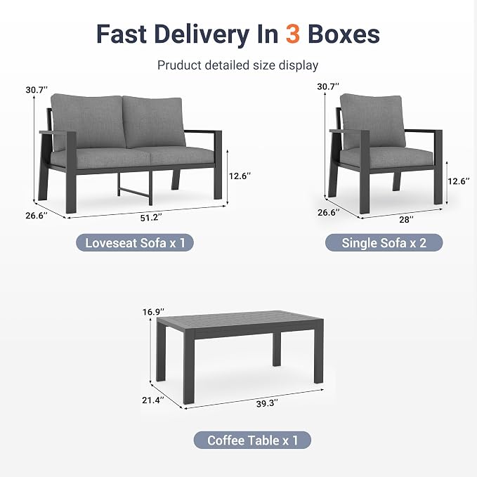 UDPATIO Aluminum Outdoor Patio Furniture Set 4-Seat Metal Patio Conversation Sets with Coffee Table and Water-Resistant Cushions, Modern Patio Sectional Sofa for Porch, Deck, Backyard, Poolside