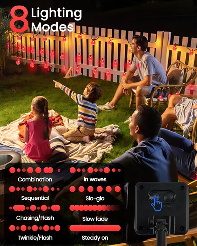 LORRYTE Solar String Lights Outdoor 2 Pack 64FT 100 LED Red Patio Lights | Crystal Globe, IP65 Waterproof, Auto On/Off, 8 Modes Solar Powered Light for Outside Halloween Party Garden Yard Decorations