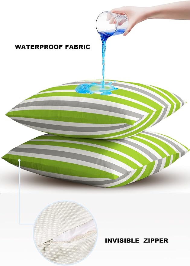 Outdoor Waterproof Pillow Covers for Patio Furniture Green Stripe Decorative Throw Pillow Cover Sage Green Lines Stripes Pillowcases Set of 2 Cushion Case for Sofa Couch Chair Home Decor 26 x 26 Inch