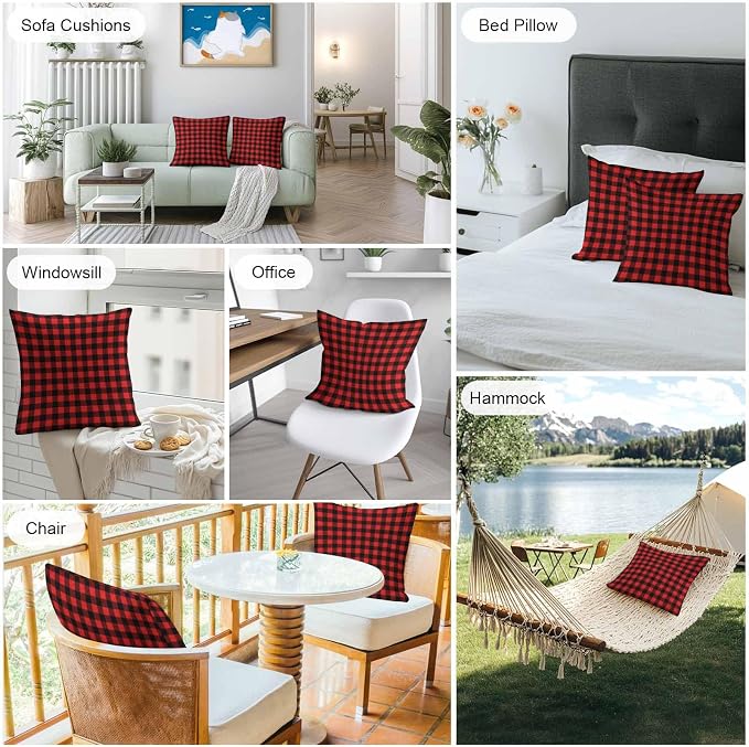 Outdoor Waterproof Throw Pillow Covers Set of 2 Red Buffalo Plaid Pillowcases 20x20 Inches Pastoral Black Checked Decorative Pillows Cushion Case Patio Pillows for Couch Bed Chair Garden