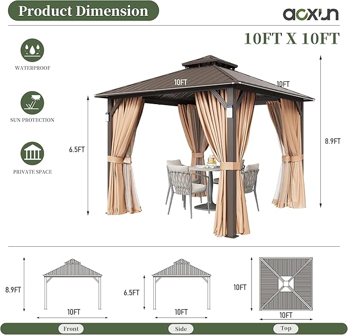 Aoxun 10'x10' Hardtop Gazebo with 4 LED Lights, Outdoor Gazebo with Galvanized Steel Double Roof, Patio Gazebo with Breathable Netting & Privacy Curtain, Decor Hooks for Backyard, Brown